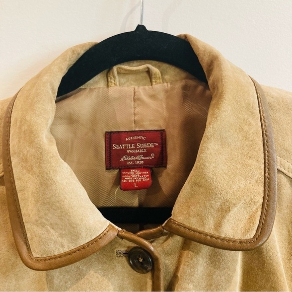 EDDIE BAUER SZ L Seattle Suede Vintage Tan Brown Trim Pockets Back Slits Jacket - Picture 5 of 16
